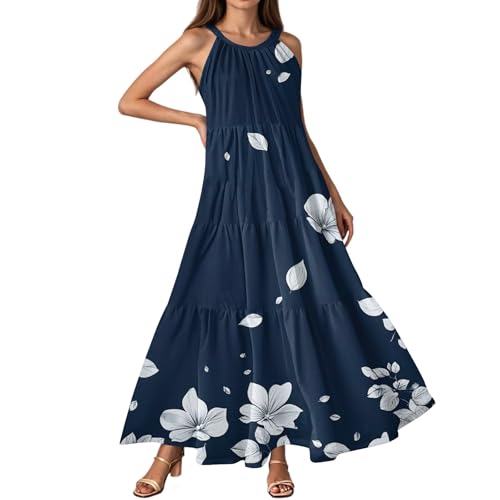 Sommerkleid Damen Lang Elegant Blumen Boho Kleid Sommer Maxi Spaghettiträger Sommerkleider Leicht Und Luftig Rüschen Maxikleider Frauen A Linie Rückenfrei Damenkleider Blumenkleid von Ansenesna