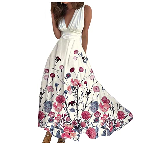 Sommerkleid Damen Lang Elegant Curvy Kleider Damen Sommer Blumen Schicke Maxikleider V Ausschnitt Tailliert Strandkleid Leicht Und Luftig Damenkleider Frauen A Linie Blumenkleid von Ansenesna