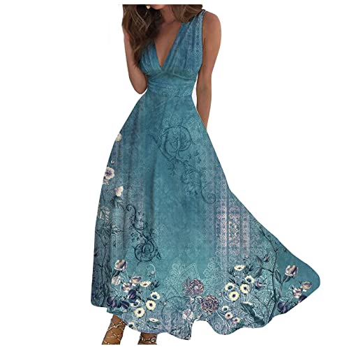 Sommerkleid Damen Lang Elegant Curvy Kleider Damen Sommer Blumen Schicke Maxikleider V Ausschnitt Tailliert Strandkleid Leicht Und Luftig Damenkleider Frauen A Linie Blumenkleid von Ansenesna
