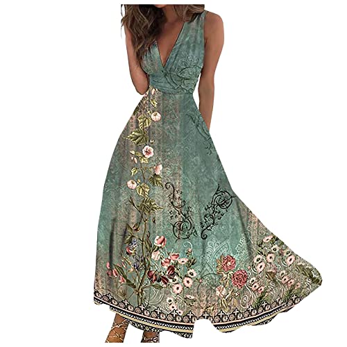 Sommerkleid Damen Lang Elegant Curvy Kleider Damen Sommer Blumen Schicke Maxikleider V Ausschnitt Tailliert Strandkleid Leicht Und Luftig Damenkleider Frauen A Linie Blumenkleid von Ansenesna