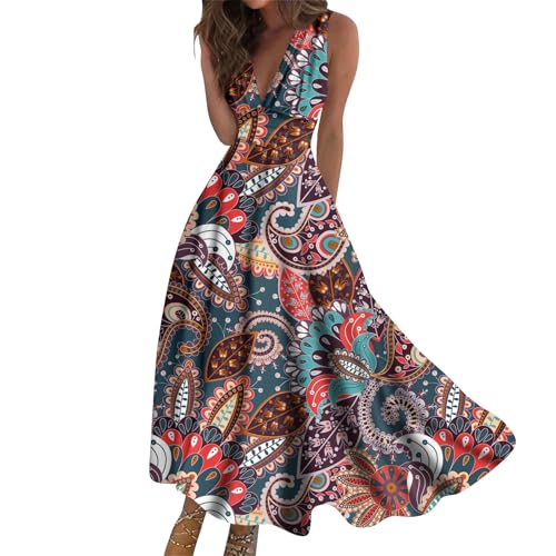 Sommerkleid Damen Lang Elegant Curvy Kleider Damen Sommer Blumen Schicke Maxikleider V Ausschnitt Tailliert Strandkleid Leicht Und Luftig Damenkleider Frauen A Linie Blumenkleid von Ansenesna