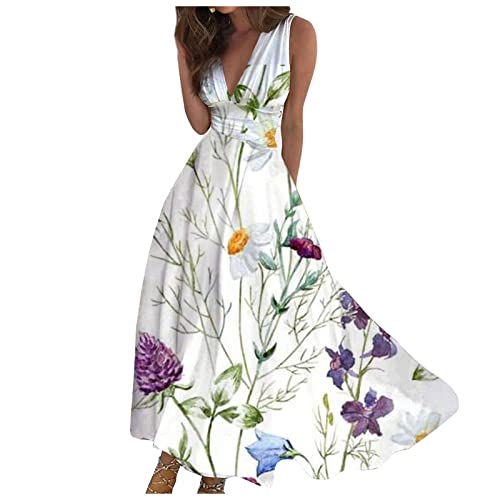 Sommerkleid Damen Lang Elegant Curvy Kleider Damen Sommer Blumen Schicke Maxikleider V Ausschnitt Tailliert Strandkleid Leicht Und Luftig Damenkleider Frauen A Linie Blumenkleid von Ansenesna