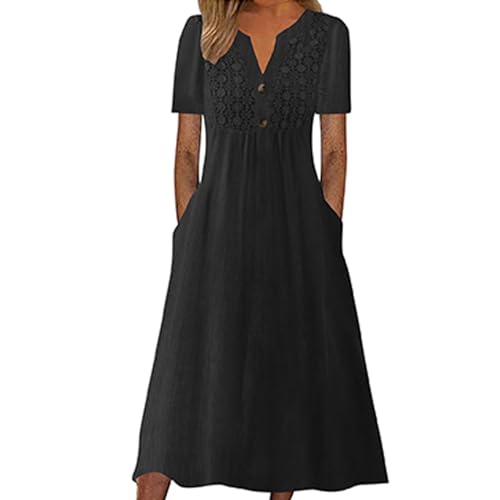 Sommerkleid Damen Lang Elegant Kleider Damen Sommer V Ausschnitt A Linie Sommerkleider Leicht Und Luftig Maxikleid Frauen mit Knopfleiste Maxi Kleid Hohe Taille Leichte Strandkleid von Ansenesna
