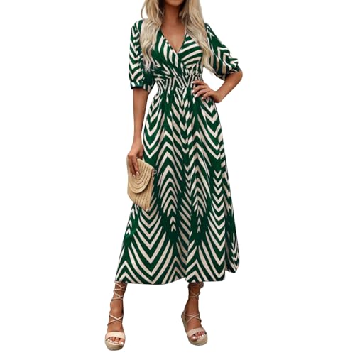 Sommerkleid Damen Lang Elegant Maxikleider Damen Sommer V Ausschnitt Tailliertes Kleider mit Ärmel A Linie Strandkleid Leicht Und Luftig Schickes Kleid Frauen Curvy Kurzarm Damenkleider von Ansenesna