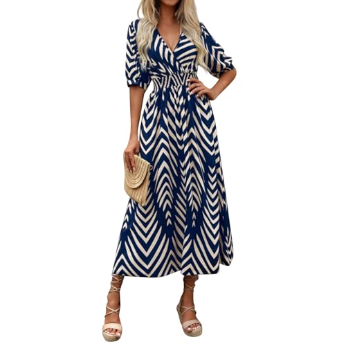 Sommerkleid Damen Lang Elegant Maxikleider Damen Sommer V Ausschnitt Tailliertes Kleider mit Ärmel A Linie Strandkleid Leicht Und Luftig Schickes Kleid Frauen Curvy Kurzarm Damenkleider von Ansenesna