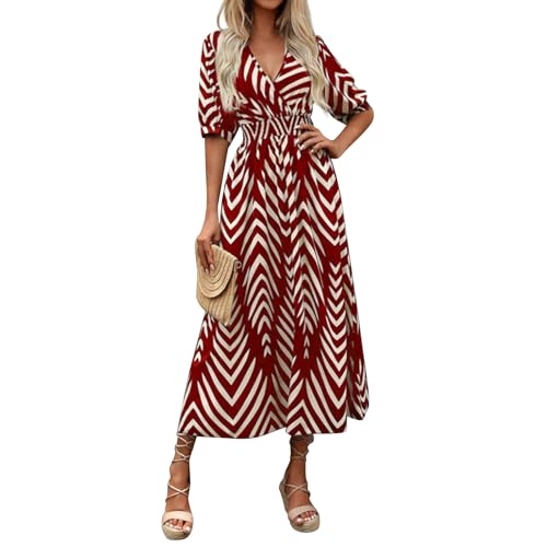 Sommerkleid Damen Lang Elegant Maxikleider Damen Sommer V Ausschnitt Tailliertes Kleider mit Ärmel A Linie Strandkleid Leicht Und Luftig Schickes Kleid Frauen Curvy Kurzarm Damenkleider von Ansenesna