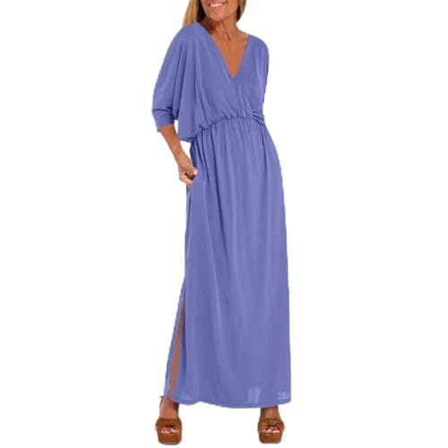 Sommerkleid Damen Lang Elegant Maxikleider mit Ärmel V Ausschnitt Tailliertes Kleider Sommer Maxi A Linie Kleid mit Schlitz Sommerkleider Leicht Und Luftig Frauen Schickes Damenkleider von Ansenesna