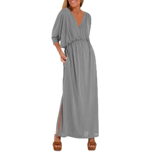 Sommerkleid Damen Lang Elegant Maxikleider mit Ärmel V Ausschnitt Tailliertes Kleider Sommer Maxi A Linie Kleid mit Schlitz Sommerkleider Leicht Und Luftig Frauen Schickes Damenkleider von Ansenesna