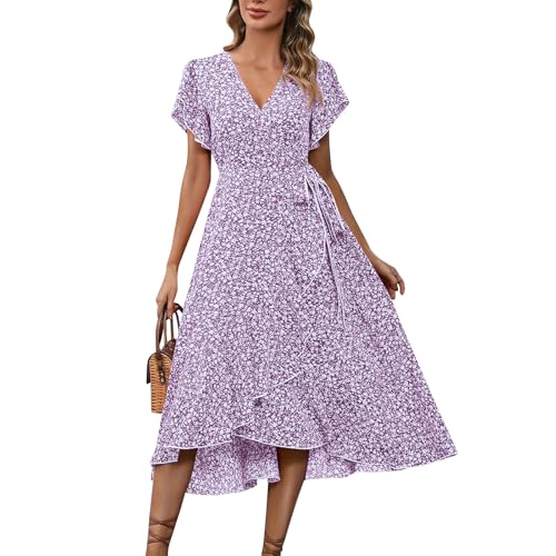 Sommerkleid Damen Lang Elegant Rüschen Wickelkleid Damen Sommer Blumen Strandkleid Leicht Und Luftig Curvy Kleider Frauen V Ausschnitt Asymmetrisch Damenkleider Geblümt Blumenkleid von Ansenesna