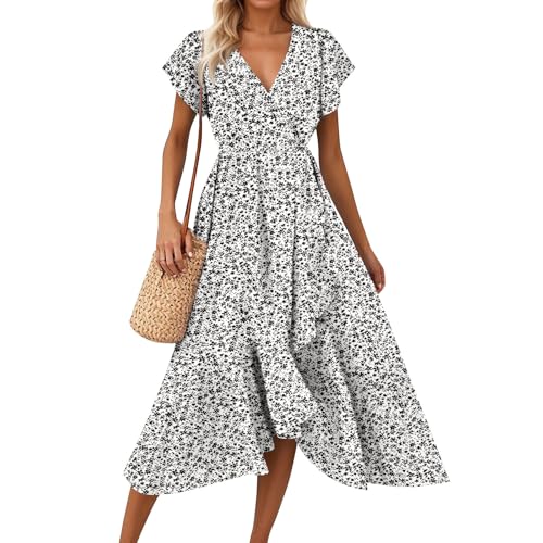 Sommerkleid Damen Lang Elegant Rüschen Wickelkleid Damen Sommer Blumen Strandkleid Leicht Und Luftig Curvy Kleider Frauen V Ausschnitt Asymmetrisch Damenkleider Geblümt Blumenkleid von Ansenesna