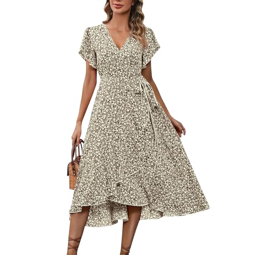 Sommerkleid Damen Lang Elegant Rüschen Wickelkleid Damen Sommer Blumen Strandkleid Leicht Und Luftig Curvy Kleider Frauen V Ausschnitt Asymmetrisch Damenkleider Geblümt Blumenkleid von Ansenesna