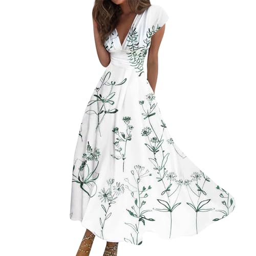 Sommerkleid Damen Lang Tailliert Blumen Maxikleider Damen Sommer Elegant Curvy Strandkleid Leicht Und Luftig Kleider A Linie V Ausschnitt Kleid Frauen Maxi mit Ärmeln Blumenkleid von Ansenesna