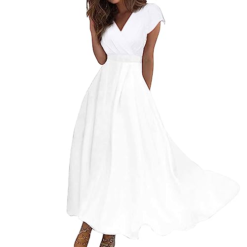 Sommerkleid Damen Lang Tailliert Maxikleider Damen Sommer Elegant Curvy Kleid A Linie Maxi Strandkleid Leicht Und Luftig Kleider Frauen V Ausschnitt Schick Damenkleider mit Ärmeln von Ansenesna