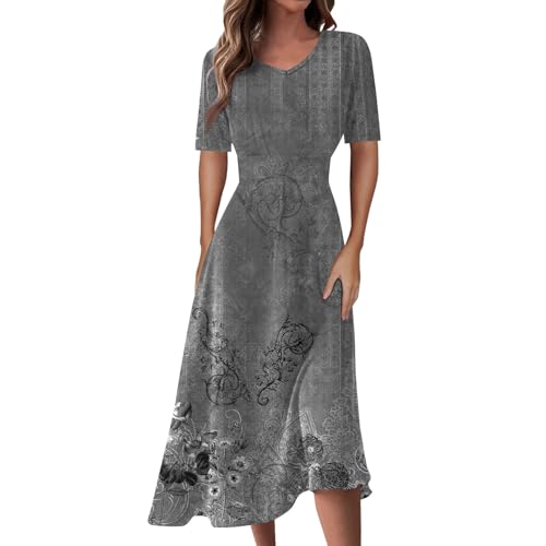 Sommerkleid Damen Midi Elegant Blumen Kleider Sommer A Linie V Ausschnitt Strandkleid Leicht Und Luftig Damenkleider Tailliert Kleid Frauen mit Ärmeln Blumenkleid Midilänge Midikleid von Ansenesna