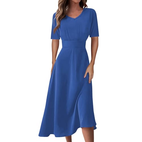 Sommerkleid Damen Midi Elegant Blumen Kleider Sommer A Linie V Ausschnitt Strandkleid Leicht Und Luftig Damenkleider Tailliert Kleid Frauen mit Ärmeln Blumenkleid Midilänge Midikleid von Ansenesna