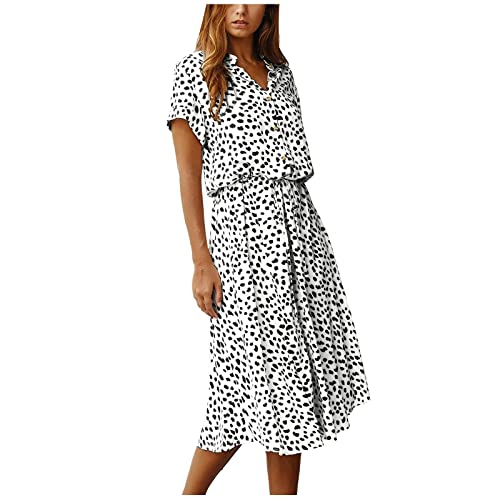 Sommerkleid Damen Midi mit Ärmel Kleid Damen Sommer Elegant A Linie Sommerkleider Leicht Und Luftig Blusenkleid V Ausschnitt Leopard Tunika Kleider Frauen mit Knopfleiste Damenkleider von Ansenesna