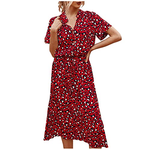 Sommerkleid Damen Midi mit Ärmel Kleid Damen Sommer Elegant A Linie Sommerkleider Leicht Und Luftig Blusenkleid V Ausschnitt Leopard Tunika Kleider Frauen mit Knopfleiste Damenkleider von Ansenesna