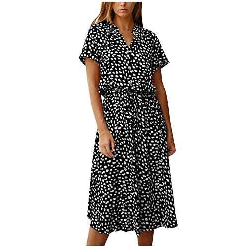 Sommerkleid Damen Midi mit Ärmel Kleid Damen Sommer Elegant A Linie Sommerkleider Leicht Und Luftig Blusenkleid V Ausschnitt Leopard Tunika Kleider Frauen mit Knopfleiste Damenkleider von Ansenesna