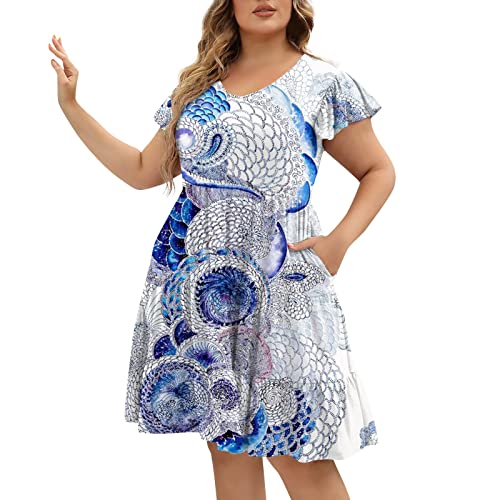 Sommerkleid Große Größen Damen Blumen Kleider Für Mollige Damen Kurz A Linie Luftige Sommerkleider Elegant Rüschen Ärmel Strandkleid Frauen Sommer Leichte Kleid Elegante Damenkleider von Ansenesna