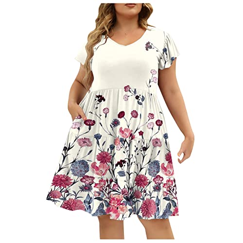 Sommerkleid Große Größen Damen Blumen Kleider Für Mollige Damen Kurz A Linie Luftige Sommerkleider Elegant Rüschen Ärmel Strandkleid Frauen Sommer Leichte Kleid Elegante Damenkleider von Ansenesna