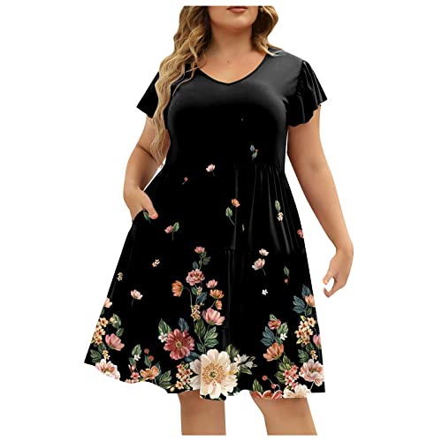 Sommerkleid Große Größen Damen Blumen Kleider Für Mollige Damen Kurz A Linie Luftige Sommerkleider Elegant Rüschen Ärmel Strandkleid Frauen Sommer Leichte Kleid Elegante Damenkleider von Ansenesna