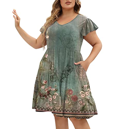 Sommerkleid Große Größen Damen Blumen Kleider Für Mollige Damen Kurz A Linie Luftige Sommerkleider Elegant Rüschen Ärmel Strandkleid Frauen Sommer Leichte Kleid Elegante Damenkleider von Ansenesna