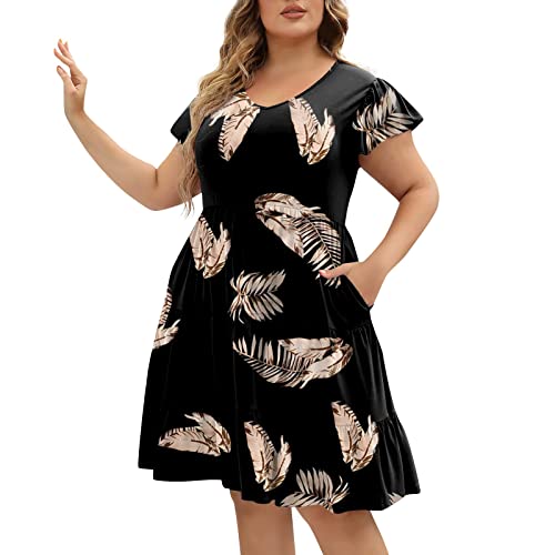 Sommerkleid Große Größen Damen Blumen Kleider Für Mollige Damen Kurz A Linie Luftige Sommerkleider Elegant Rüschen Ärmel Strandkleid Frauen Sommer Leichte Kleid Elegante Damenkleider von Ansenesna