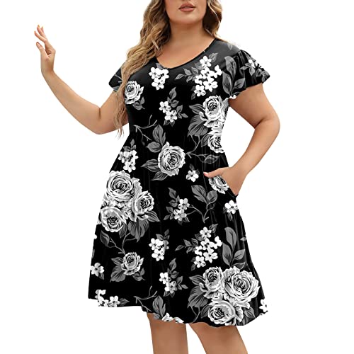 Sommerkleid Große Größen Damen Blumen Kleider Für Mollige Damen Kurz A Linie Luftige Sommerkleider Elegant Rüschen Ärmel Strandkleid Frauen Sommer Leichte Kleid Elegante Damenkleider von Ansenesna