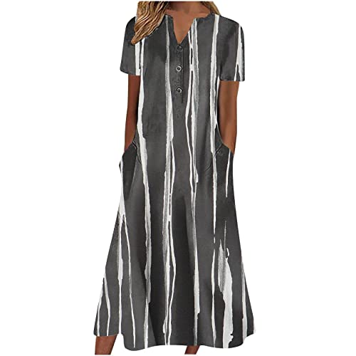 Sommerkleid mit Knöpfen Damen V Ausschnitt Luftige Sommerkleider Elegant A Linie Wadenlang Strandkleid Frauen Kurzarm Elegante Damenkleider Mit Ärmeln Leichte Kleider von Ansenesna