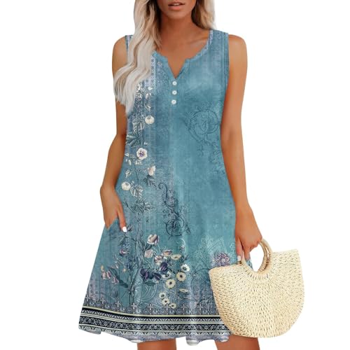 Sommerkleider Damen Leicht Und Luftig Damen Kleider Sommer Kurz Elegant Sommerkleid A Linie Blumen Kleid Frauen V Ausschnitt Shirtkleid Ärmellos Damenkleider mit Taschen Strandkleid von Ansenesna