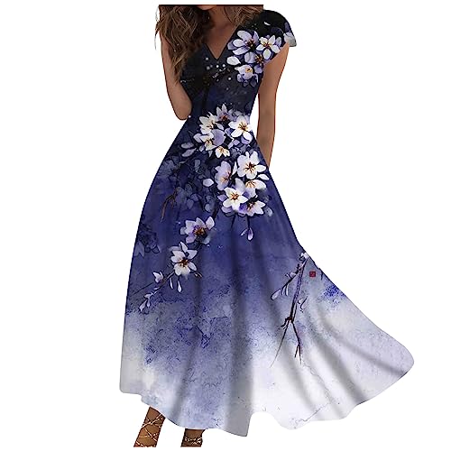 Sommerkleider Damen Leicht Und Luftig Damen Kleider Sommer Lang Elegant Sommerkleid V Ausschnitt Blumen Kleid Frauen A Linie Hohe Taille Schick Maxikleider Schwingen Damenkleider von Ansenesna