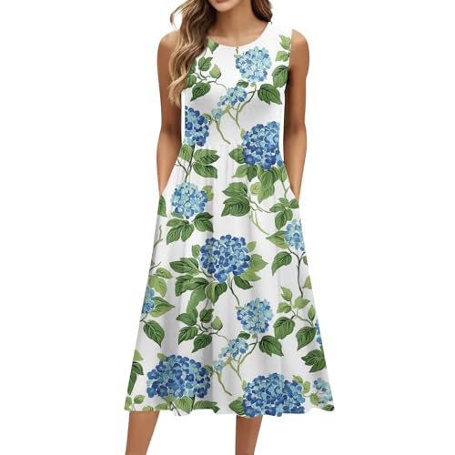 Sommerkleider Damen Leicht Und Luftig Damen Kleider Sommer Midi Elegant Sommerkleid mit Taschen Ärmellos Kleid Frauen Blumen A Linie Midikleid Damenkleider Schwingen Blumenkleid von Ansenesna