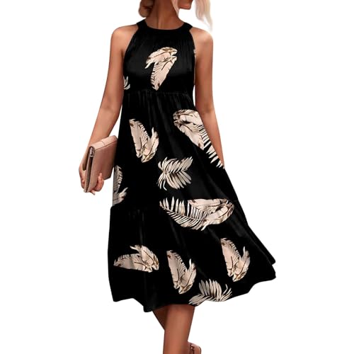 Sommerkleider Damen Leicht Und Luftig Kleider Damen Sommer Midi Elegant Ärmellos Sommerkleid Rüschen Midi Kleid Frauen A Linie Strandkleid Locker Damenkleider Muster Rüschenkleid von Ansenesna