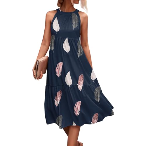 Sommerkleider Damen Leicht Und Luftig Kleider Damen Sommer Midi Elegant Ärmellos Sommerkleid Rüschen Midi Kleid Frauen A Linie Strandkleid Locker Damenkleider Muster Rüschenkleid von Ansenesna