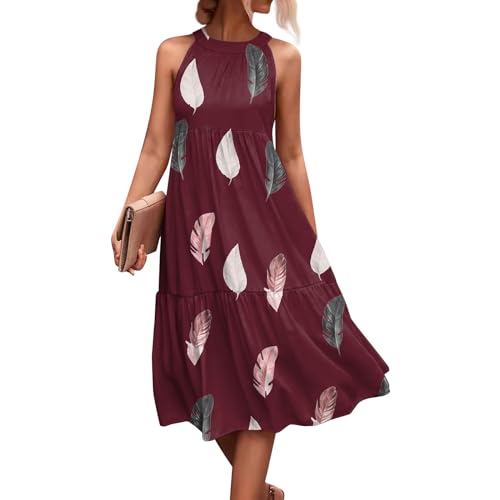 Sommerkleider Damen Leicht Und Luftig Kleider Damen Sommer Midi Elegant Ärmellos Sommerkleid Rüschen Midi Kleid Frauen A Linie Strandkleid Locker Damenkleider Muster Rüschenkleid von Ansenesna