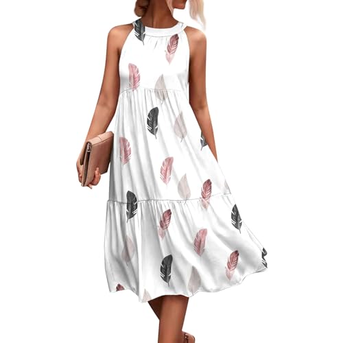 Sommerkleider Damen Leicht Und Luftig Kleider Damen Sommer Midi Elegant Ärmellos Sommerkleid Rüschen Midi Kleid Frauen A Linie Strandkleid Locker Damenkleider Muster Rüschenkleid von Ansenesna