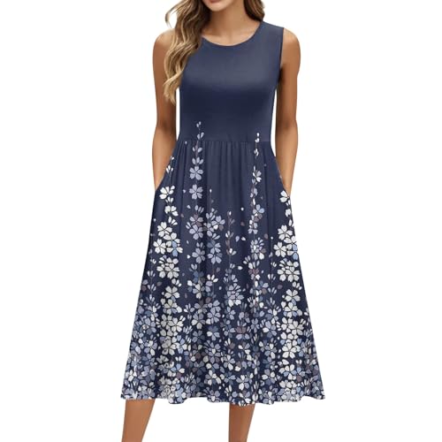 Sommerkleider Damen Leicht Und Luftig Kleider Damen Sommer Midi Elegant Sommerkleid mit Taschen Ärmellos Kleid Frauen A Linie Blumen Strandkleid Vintage Midikleid Blumen Damenkleider von Ansenesna