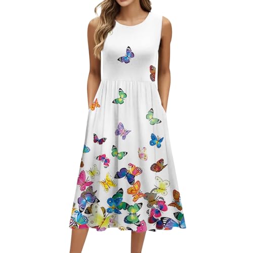 Sommerkleider Damen Leicht Und Luftig Kleider Damen Sommer Midi Elegant Sommerkleid mit Taschen Ärmellos Kleid Frauen A Linie Blumen Strandkleid Vintage Midikleid Blumen Damenkleider von Ansenesna