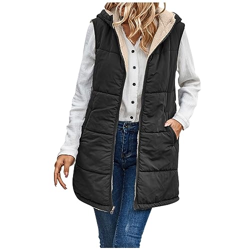 Steppweste Damen Lang Mit Kapuze Lange Weste Ärmellos Steppjacke Winter Longweste Winterjacke Warm Wintermantel Frauen Elegant Jacke Stepp Mantel Ohne Ärmel Zipper Damen-Jacken von Ansenesna