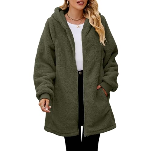 Teddyjacke Damen Lang Mit Kapuze Flauschig Winterjacke Warm Gefüttert Fleecejacke Teddyfleece Plüsch Wintermantel Frauen Teddyfell Dicke Jacke Winter Mantel Teddy Fleece Damen-Jacken von Ansenesna