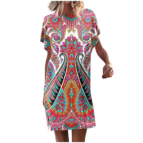 Tunika Kleid Fledermausärmel Tshirt Kleider Damen Sommer Kurz A Linie Sommerkleid Mit Schlitz Damen Elegant Luftige Sommerkleider Bunt Muster Leichte Kleid Frauen Elegante Damenkleider von Ansenesna