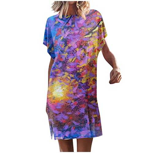 Tunika Kleid Fledermausärmel Tshirt Kleider Damen Sommer Kurz A Linie Sommerkleid Mit Schlitz Damen Elegant Luftige Sommerkleider Bunt Muster Leichte Kleid Frauen Elegante Damenkleider von Ansenesna