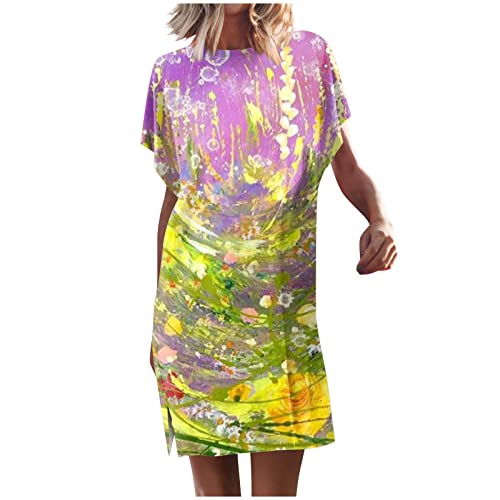 Tunika Kleid Fledermausärmel Tshirt Kleider Damen Sommer Kurz A Linie Sommerkleid Mit Schlitz Damen Elegant Luftige Sommerkleider Bunt Muster Leichte Kleid Frauen Elegante Damenkleider von Ansenesna