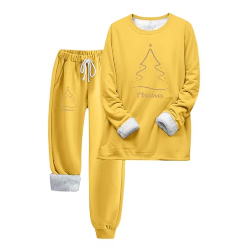 Weihnachts Pyjama Damen Lang Kuschelig Weihnachtspyjama Damen Warm Winter Gefütterte Schlafanzug Weihnachten Frauen mit Bündchen Zweiteiler Hausanzug Christmas Pyjama mit Motiven von Ansenesna