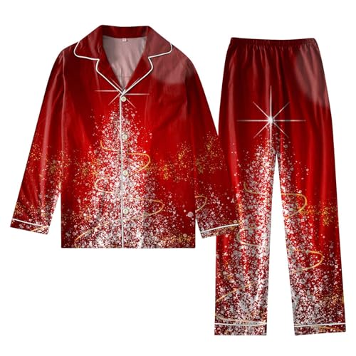 Weihnachts Pyjama Damen Lang Kuschelig Weihnachtspyjama Damen Winter Mit Knopfleiste Schlafanzug Weihnachten Frauen Lustige Motive Zweiteiler Hausanzug Matching Christmas Pyjama von Ansenesna
