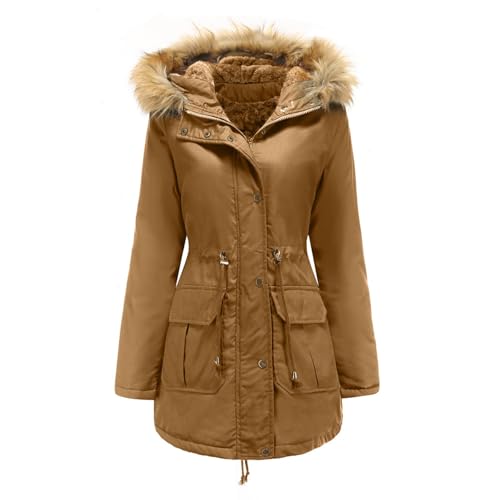 Winterjacke Damen Mit Kapuze Parka Wintermantel Damen Warm Gefüttert Elegant Jacke Mantel Frauen Winter Innenfell Fellkapuze Damen-Jacken Mit Reissverschluss Knöpfen Übergangsjacke von Ansenesna