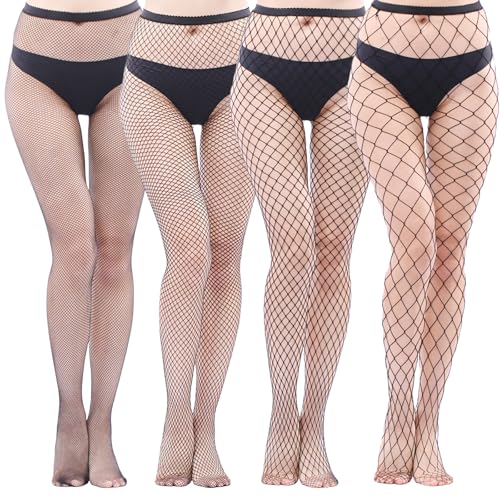 Anseom 4 Stück Netzstrumpfhose Schwarz für Damen Fishnet Stockings Strumpfhosen Fischernetz Strumpfhosen Sexy Elastisch Hohe Taille Strumpfhosen Netzstrümpfe Fischernetz Strümpfe Einheitsgröße von Anseom