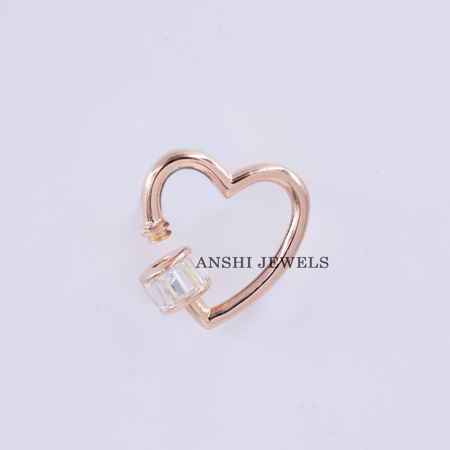 14K/9K Rosegold Herz Baguette Karabiner Verschluss, Weiß Topas Schraubherz Verschluss von Anshijewels