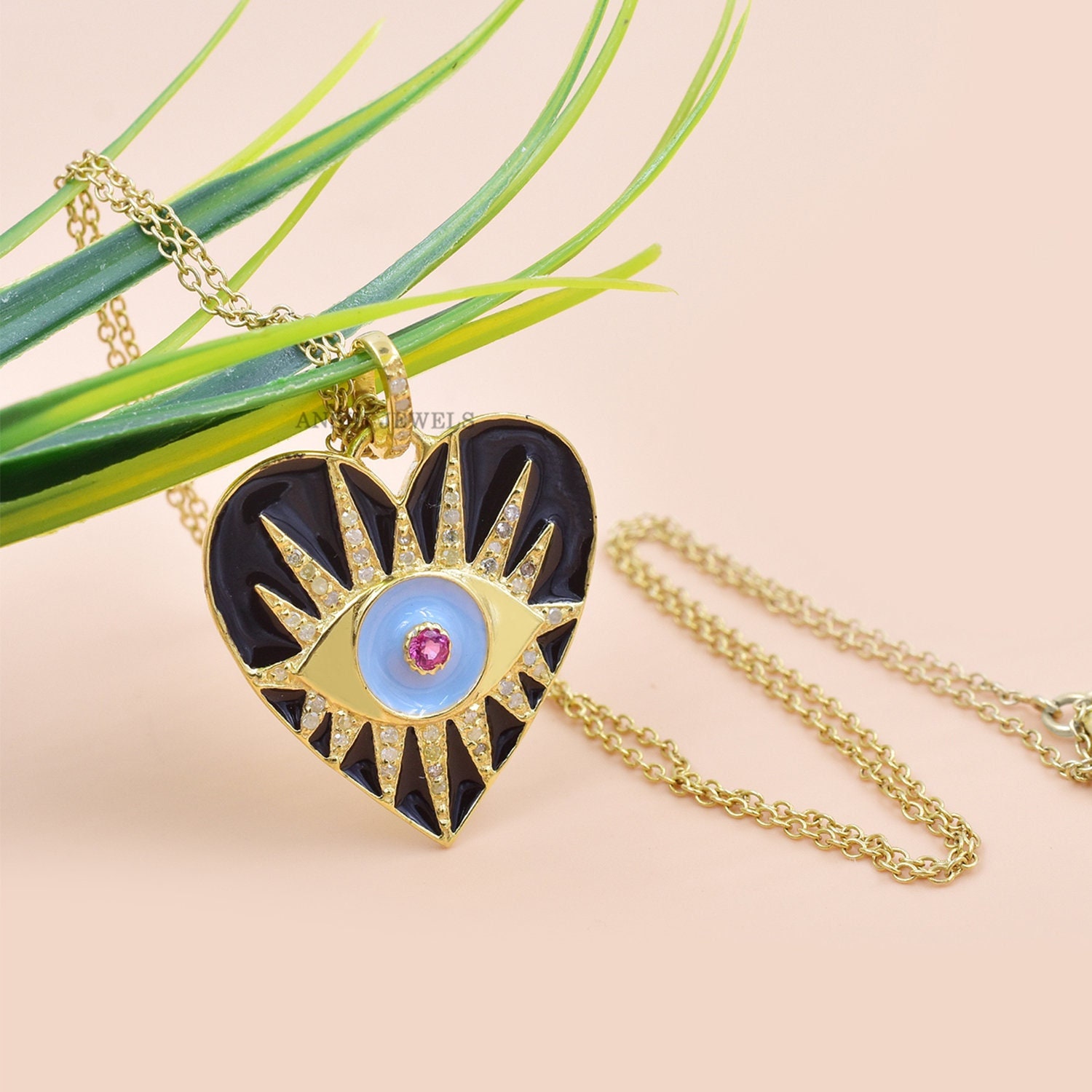 14K Gelb Vergoldete Herz Halskette, Diamant Anhänger Frau Designer Emaille Wholesale Halskette Schmuck von Anshijewels