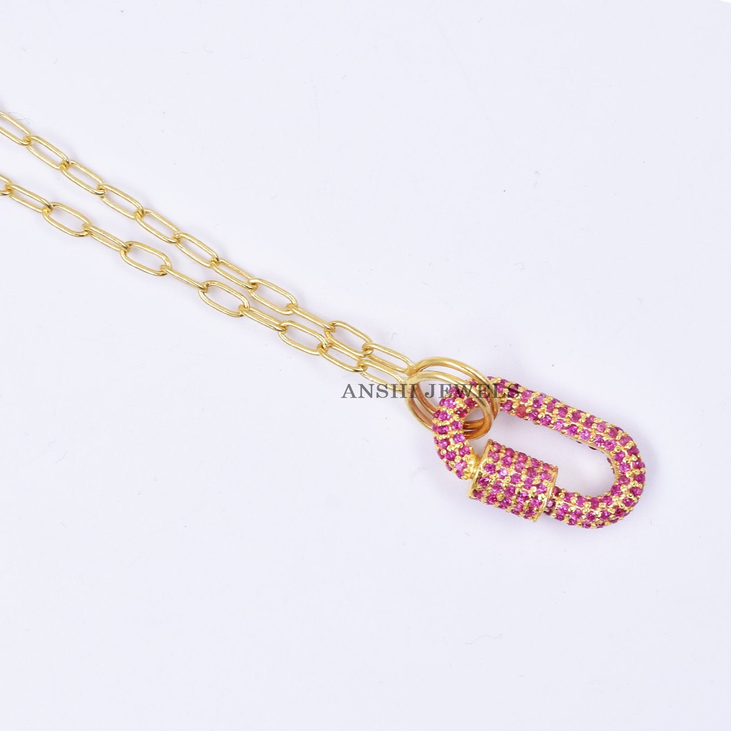 14K Rosévergoldete Rosa Saphir Karabiner Verschluss Halskette, 925Er Sterling Silber Verschluss, Oval Edelstein Schmuck von Anshijewels